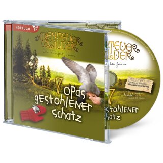 Taube und roter Handschuh un Wald im Hintergrund