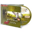 Taube und roter Handschuh un Wald im Hintergrund