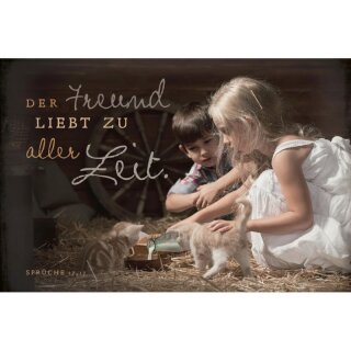 Kinder füttern Katzen auf dem Stroh