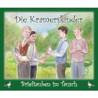 vier Jungs mit Tauben in der Hand