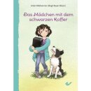Ein Mädchen mit dem schwarzen Koffer und Hund