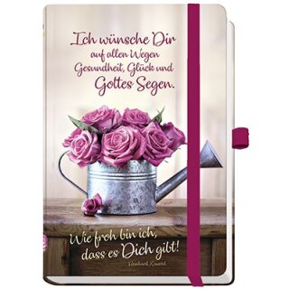 Noticbuch - Gieskanne mit Rosen auf einer Bank als Motiv