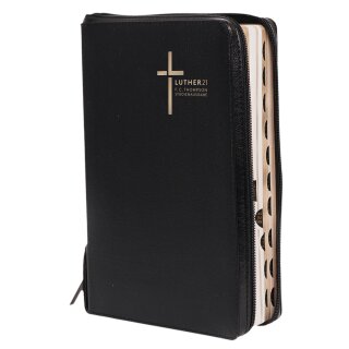 Schwarze Thopmson Studienbibel Bibel leicht geöffnet mit Reißverschluss und Griffregister