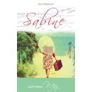 Ein Mädchen auf dem Weg mit Schirm und Koffer