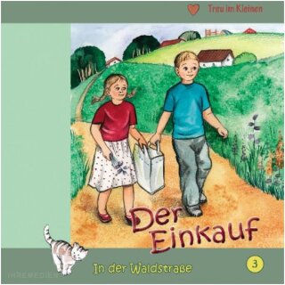 Zwei Kinder gehen mit einer Einkaufstasche auf einem Feldweg